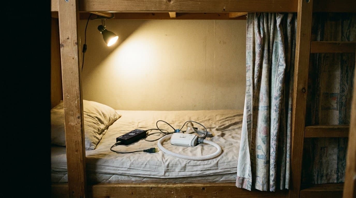 Outlet-free accommodation — hostel or capsule hotel with USB-C charging
