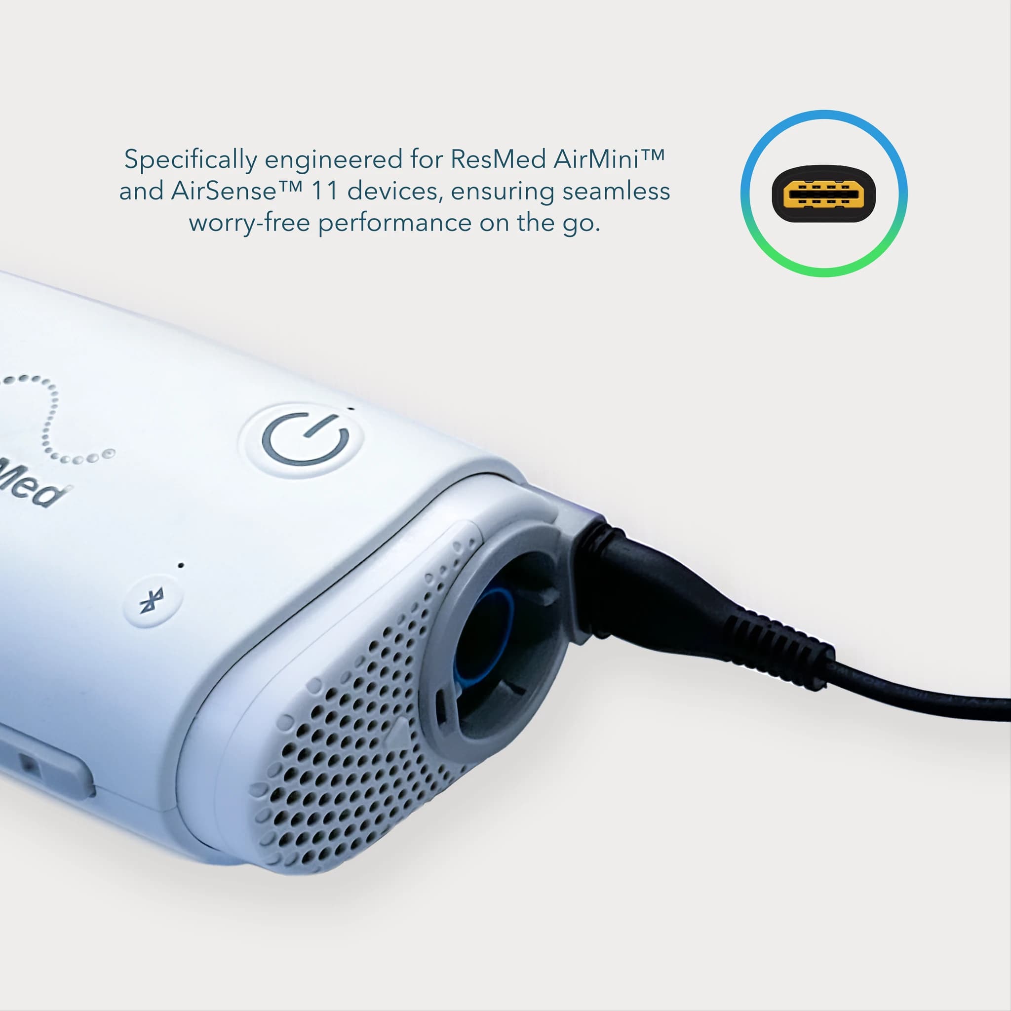 ResMed AirMini connected with the Dozylab USB-C cable
