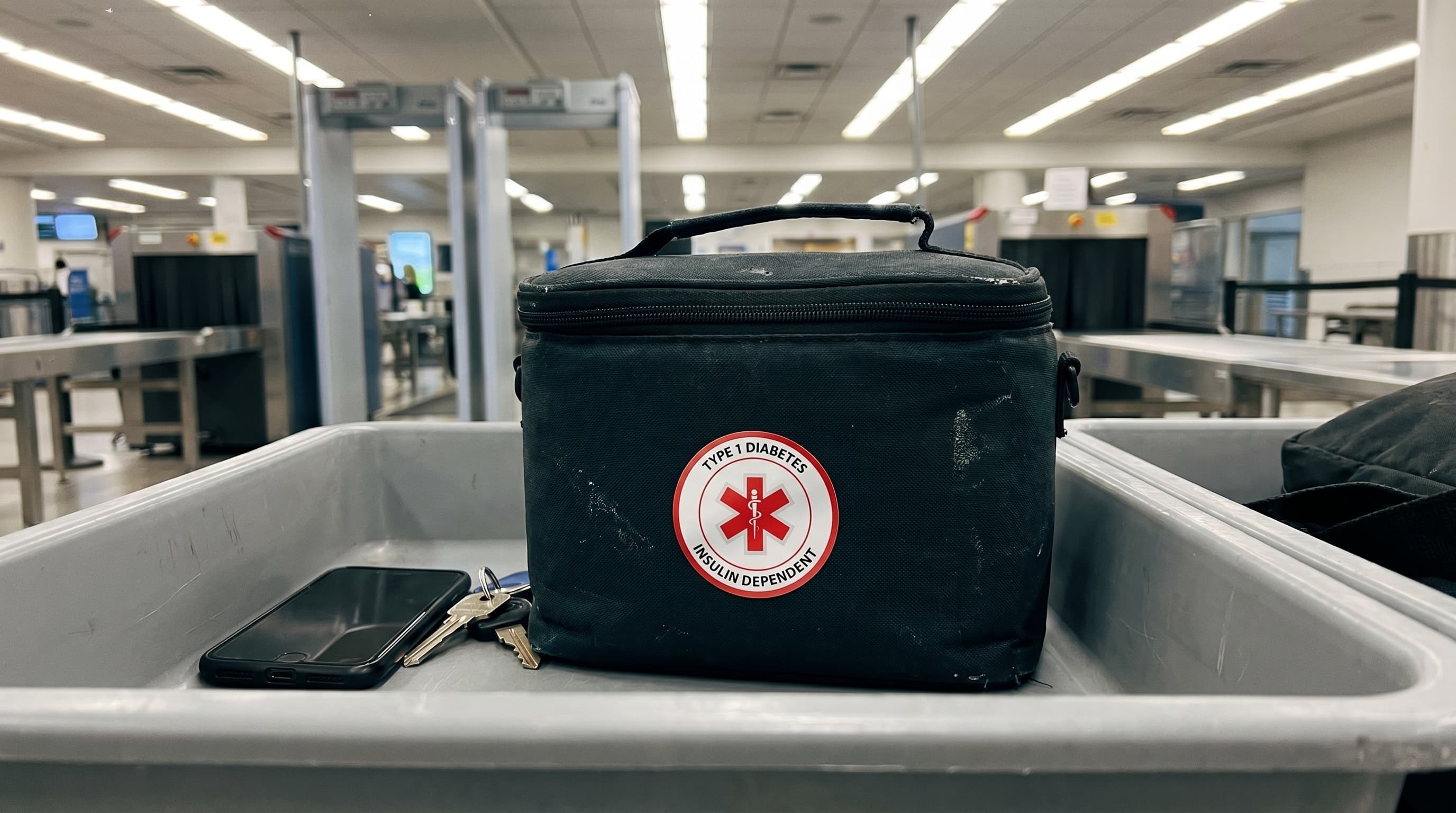 Diabetes sticker on an insulated pouch in airport security tray