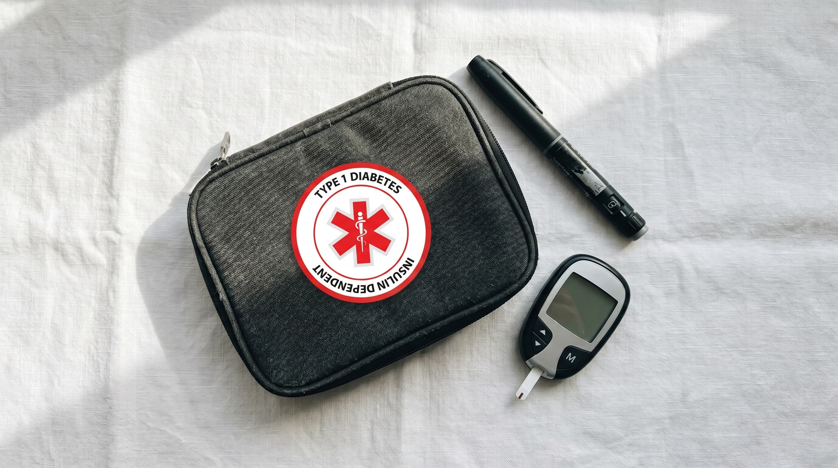 Diabetes sticker pristine on a well-travelled insulated pouch