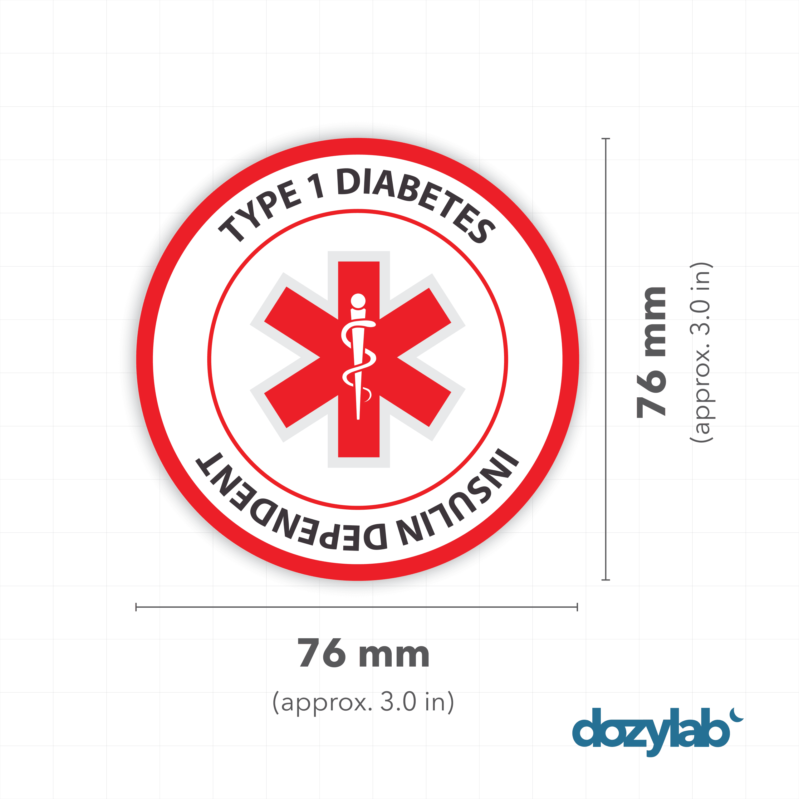 Diabetes ID Sticker — 76mm diameter size reference