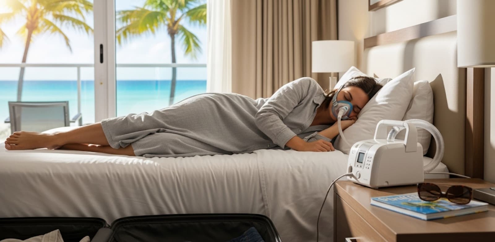 Person resting with CPAP equipment in a hotel room
