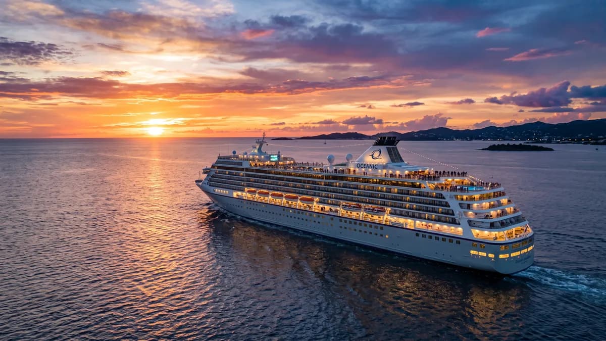 Cruise ship lit up at sunset, illustrating onboard power for CPAP machines