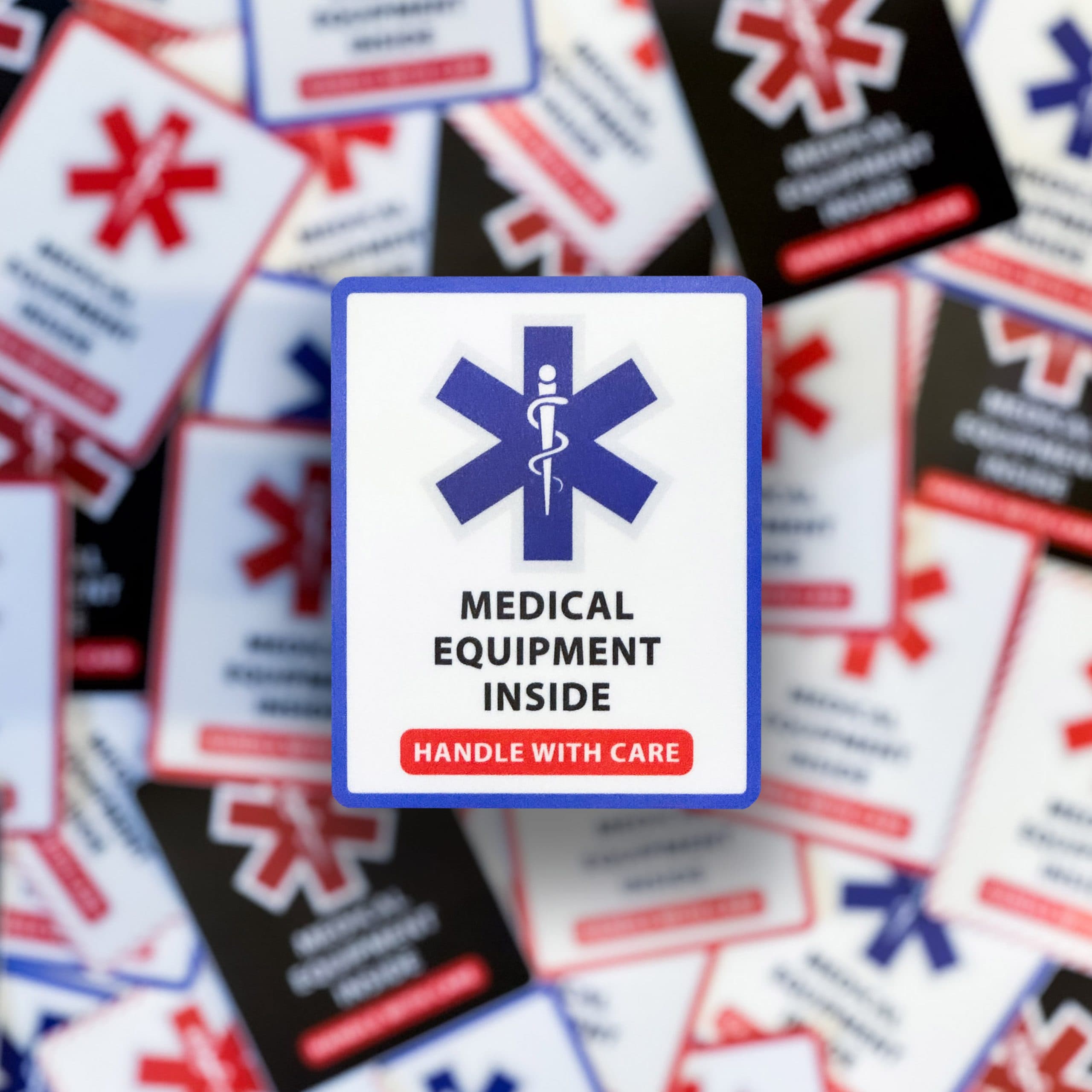 Medical Equipment ID Sticker applied to luggage