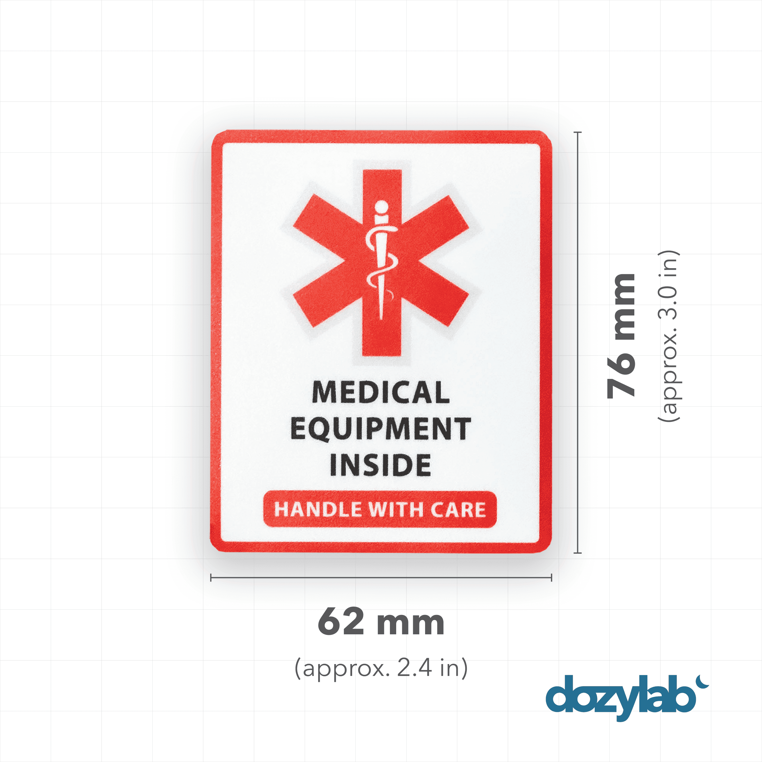 Medical Equipment ID Sticker — 62×76mm size reference