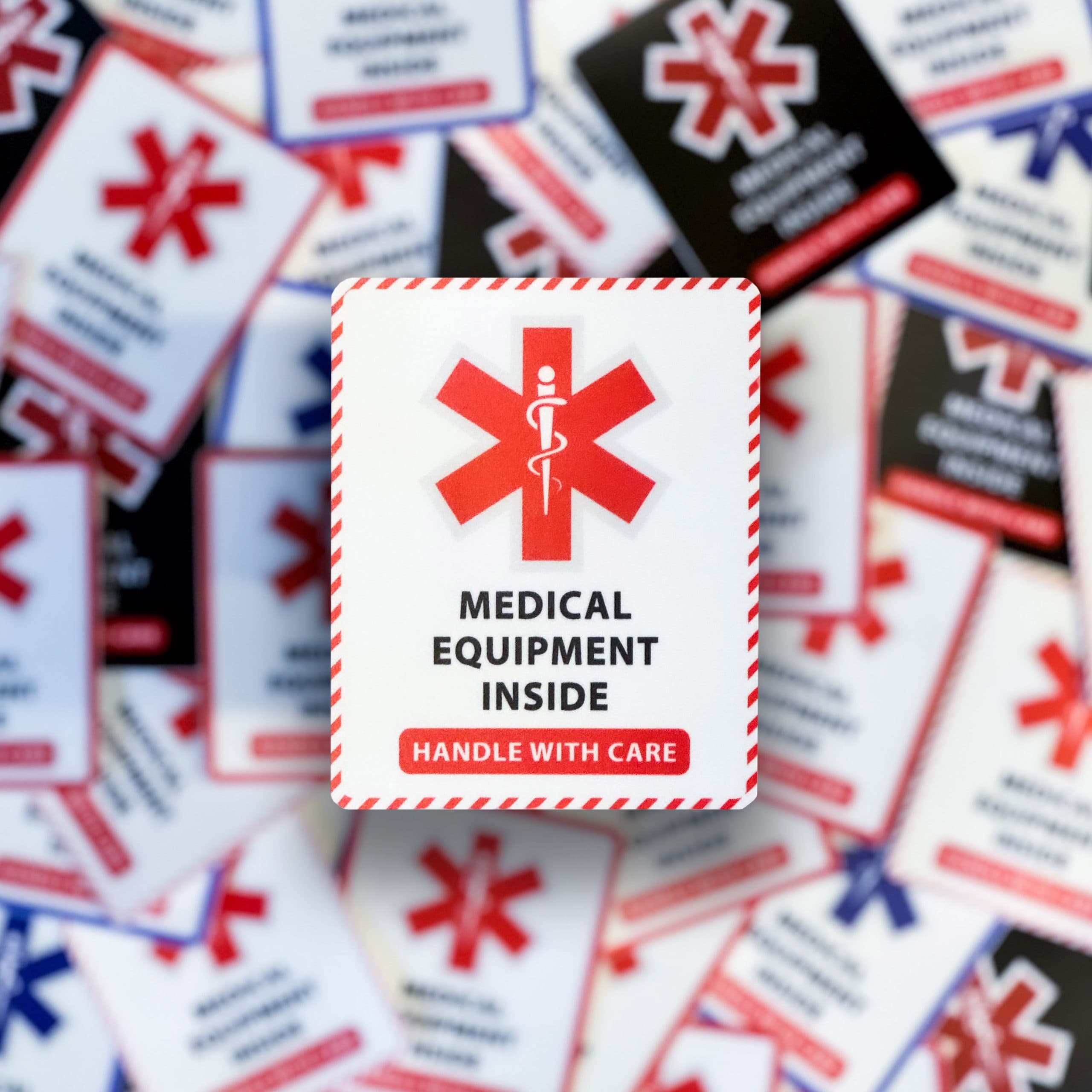 Medical Equipment ID Sticker applied to luggage