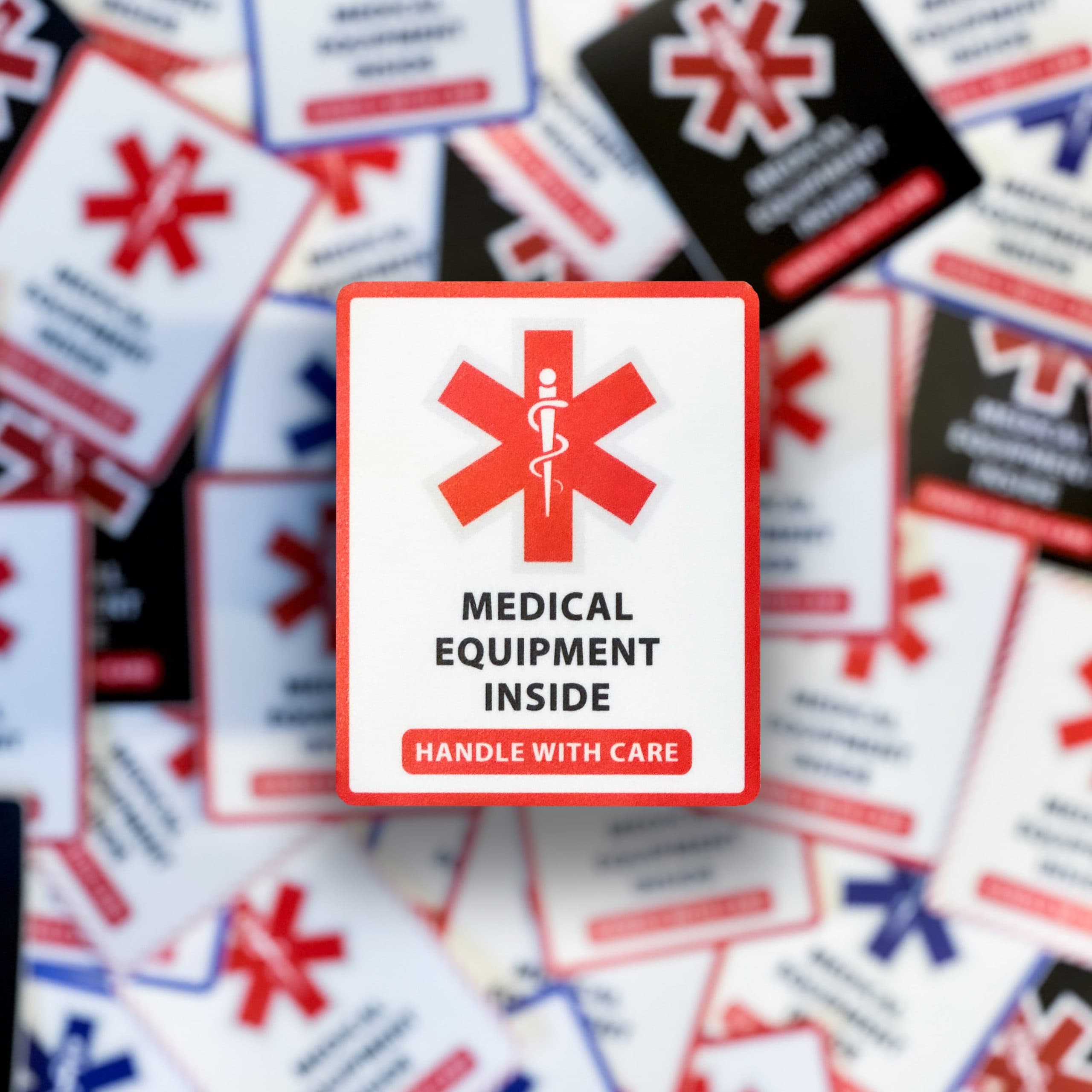 Medical Equipment ID Sticker applied to luggage