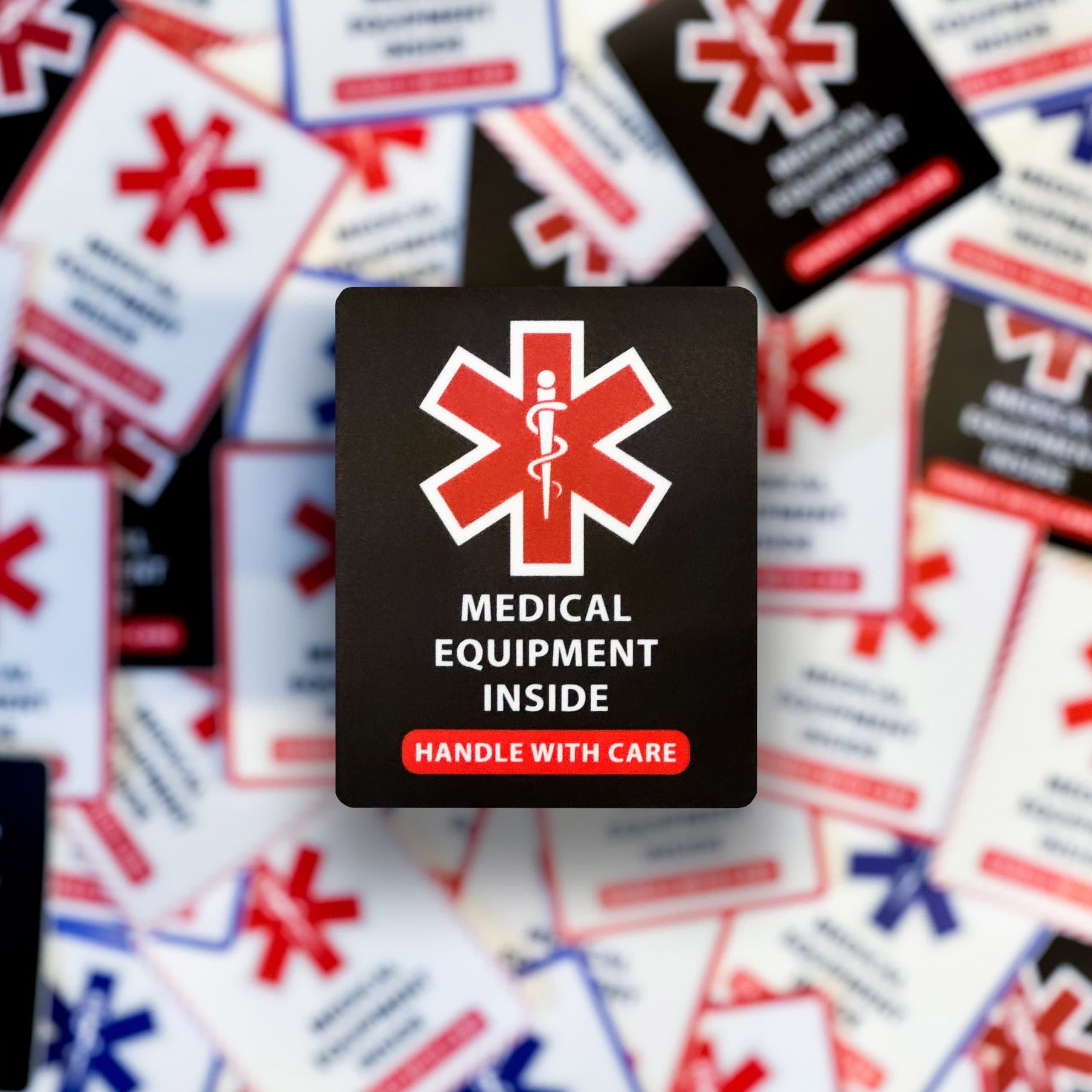Medical Equipment ID Sticker applied to luggage